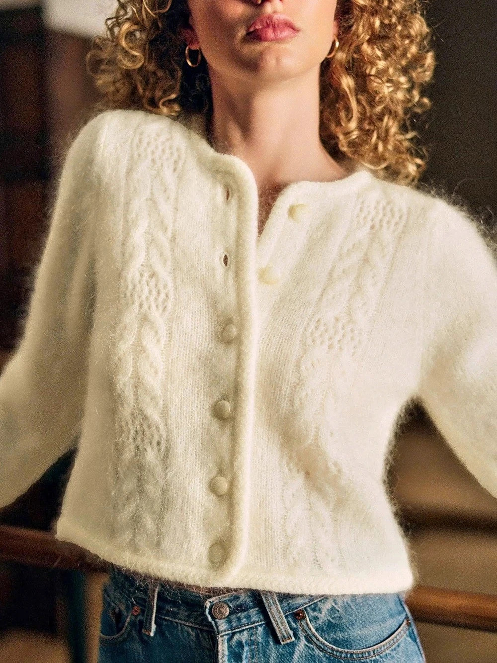 Sézane Evy Cardigan Mohair Cable Knit Cream Womens Size L | Like New